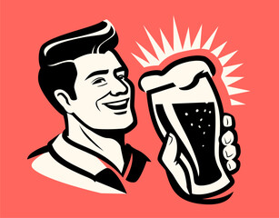 Friendly smiling man with glass of beer. Retro advertising poster. Pub, restaurant comic style vector illustration