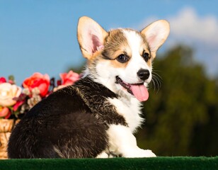 Cute puppy sitting outdoors with flowers