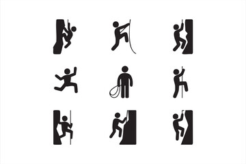 Rock climbing icons set with rope, wall, and bouldering silhouette pictograms © ALI