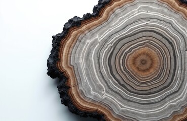 Petrified tree trunk cross-section detailed growth rings, dark charred edges. Natural wood grain texture displays earth tones, monochrome patterns. Geology, paleontology subject with rustic, aged,