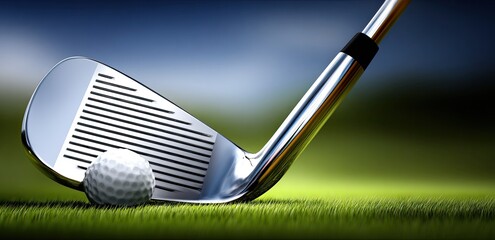 Golf club resting on green grass with golf ball