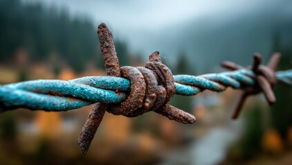 Rusty barbed wire fence in autumnal landscape