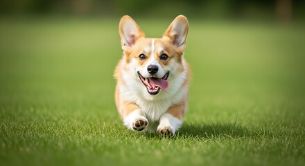 Happy Corgi Running Through Lush Green Grass