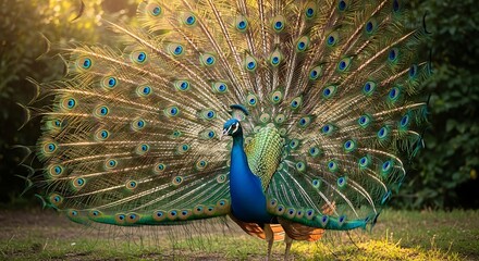 Obraz premium Magnificent peacock displays vibrant plumage courtship dance stunning detail