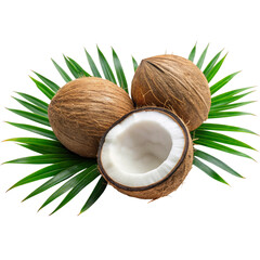 Three Coconuts with Green Palm Leaves, One Cut Open, Isolated on Black Background