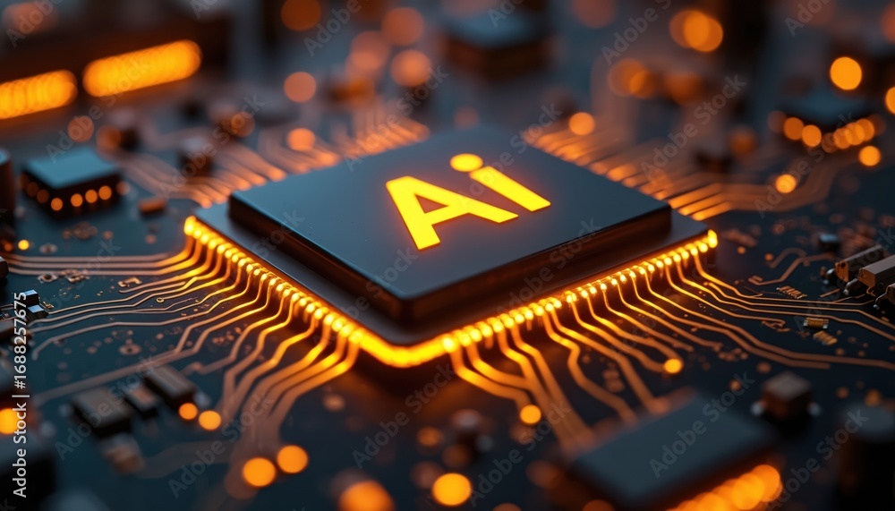 Poster close-up of central processing unit with glowing ai logo on dark background. features intricate circ