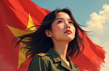 Young Vietnamese woman in military uniform gazes upwards against vibrant red flag backdrop. Illustration celebrates national pride, independence day, heritage. Features bright colors, soft lighting,