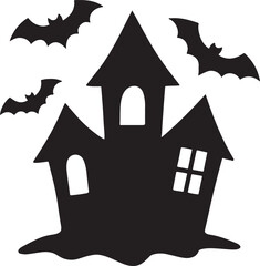 Haunted house with flying bats silhouette vector, ideal for Halloween decoration, spooky design, and horror themes.