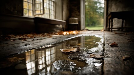 Obraz premium Reflection of Fallen Leaves in Water-Puddled Wooden Floor of Abandoned Room Surrounded by Nature's Beauty During Autumn Season