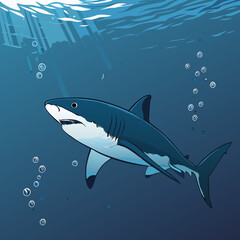 Naklejka premium Stylized Great White Shark Swimming Underwater.