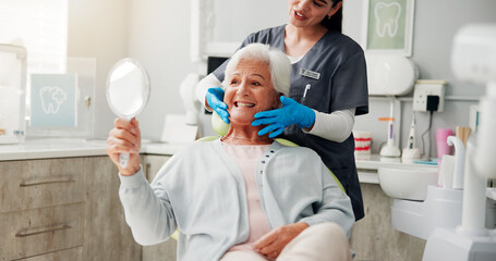 Dentist, senior woman and mirror with results for teeth whitening, dental implant or oral care....
