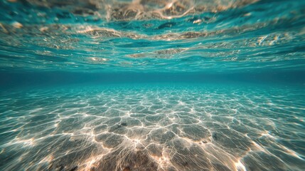 Obraz premium Tranquil underwater scene showcasing the serene depths of a clear turquoise sea, with sunlit ripples on the sandy bottom creating a captivating vista.