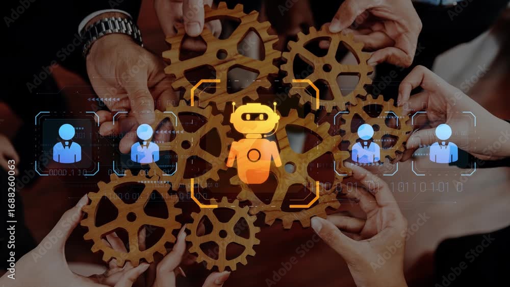 Aufkleber this image illustrates a collaborative technology concept, featuring hands surrounding gears and a r