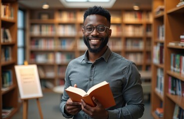 Young African American author holds his new book smiling at camera. Successful writer presents his bestseller in modern library. Book launch event, literary meeting.