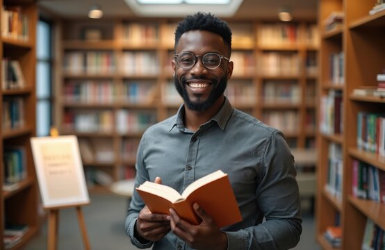 Young African American author holds his new book smiling at camera. Successful writer presents his bestseller in modern library. Book launch event, literary meeting.