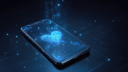 Futuristic smartphone displaying a digital heart