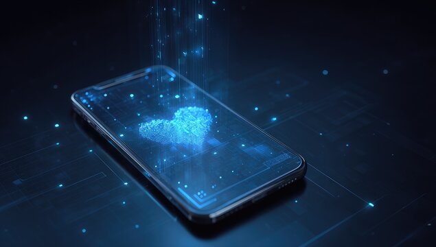 Futuristic smartphone displaying a digital heart