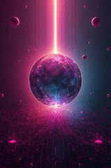 A vibrant, futuristic illustration depicts a planet bathed in a radiant, pink light, surrounded by a network of glowing circuits and celestial bodies.