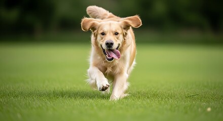 Joyful Golden Retriever Dog Running on Green Grass Field