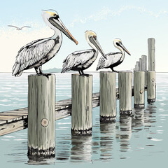 Three Brown Pelicans Resting on Wooden Pier Posts.