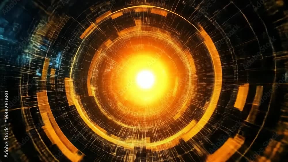 Poster bright glowing circular digital tunnel with futuristic technology and abstract light rays creating d