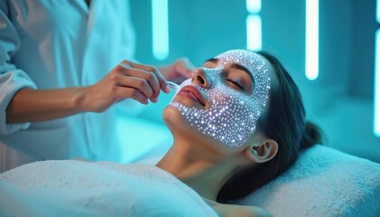 Woman receives futuristic facial treatment with illuminated mask in modern spa. Skincare technology promotes rejuvenation, relaxation. Blue LED light therapy enhances radiant glow, advanced pampering