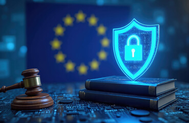 European Cyber Resilience Act with shield icon, padlock EU data protection, digital security laws. Includes gavel, legal books representing justice, regulation, emphasizing cyber governance, network