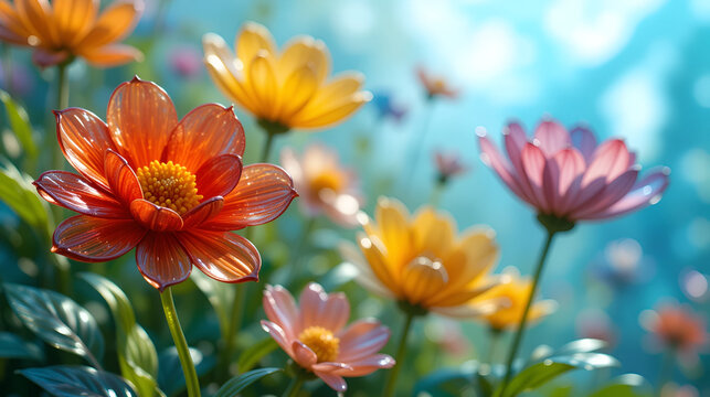 Three-Dimensional Portrayal of Vibrant Glass Garden Blossoms