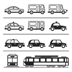 Transportation car, plan and train icon set 