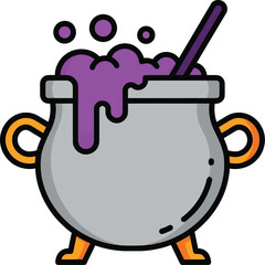 Whimsical cartoon cauldron bubbling with vibrant purple potion and stirring stick vector