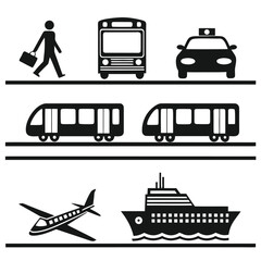Transportation car, plan and train icon set 