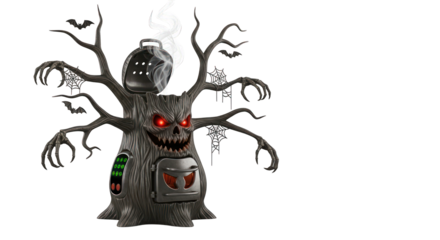 Spooky tree with glowing red eyes on transparent background
