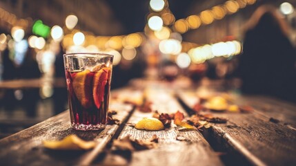 Naklejka premium Festive outdoor setting with warm lights, wooden table holding a dark beverage garnished with citrus slices,