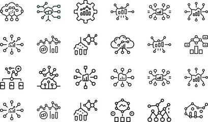 Artificial Intelligence Line Icons Set – Neural Network, Machine Learning, Cloud Computing, AI Brain, Data Processing, Deep Learning, Chip, Automation and Technology Vector Illustration for Web, App, 