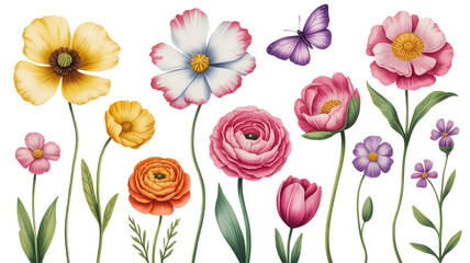 Delicate watercolor flowers and butterflies beautifully arranged on clean white background