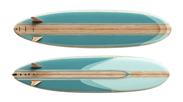 Two views of a teal and light teal surfboard, with a light-brown wood-like deck and fin