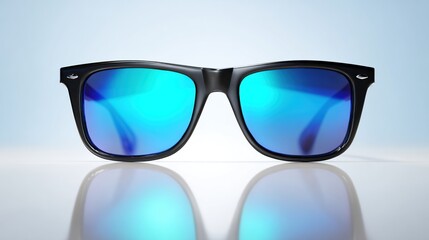 Pair of black sunglasses with vibrant blue mirrored lenses, reflecting light on a light-blue surface