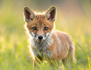 Adorable red fox kit standing in sunlit grass, gazing directly at the camera.