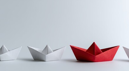 A single red paper boat stands out among a row of white paper boats