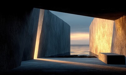 Abstract concrete structure at sunset over ocean