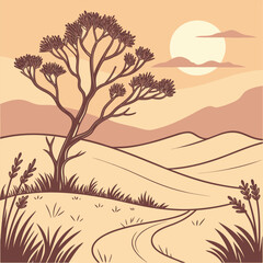 Serene african savannah landscape with a lone tree and setting sun