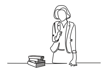 Continuous line art of a young woman in a stylish business suit with a stack of books beside her. Vector illustration