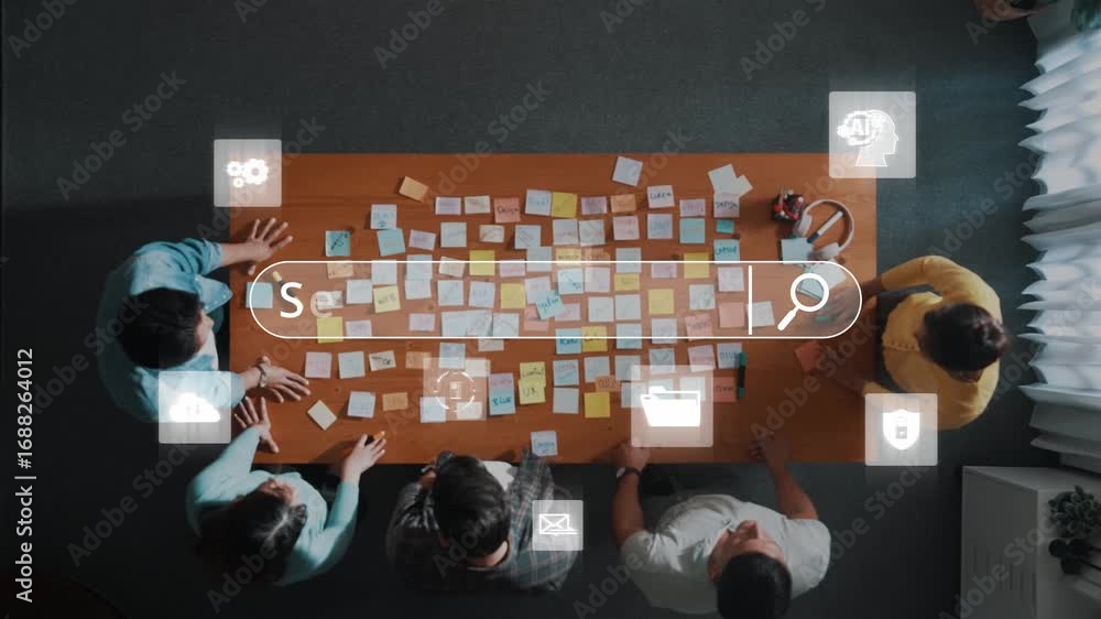 Poster a top-down view of a collaborative workspace showcasing individuals brainstorming with sticky notes 