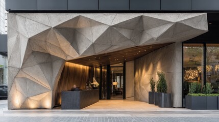 Modern architectural entryway with textured concrete facade