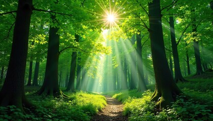 Obraz premium Lush green forest canopy in summer, dappled sunlight filtering through leaves, creating a magical atmosphere Perfect for nature, travel, and environmental themes , peace, sunlight, green
