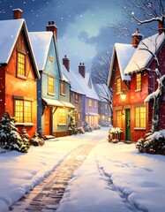 Cozy snow-dusted village at night