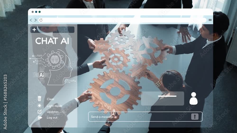 Poster a diverse business team collaborates using chat ai technology, showcasing gears that symbolize teamw