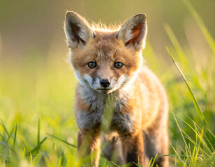 Obraz premium Adorable red fox kit standing in tall grass, bathed in golden sunlight.