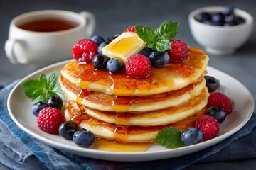 Stack of pancakes with butter, berries and maple syrup for a tasty breakfast