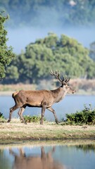 Fototapeta premium Deer walking by a lake